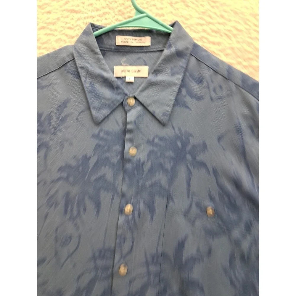 Pierre Cardin Hawaiian Shirt Mens Size L Button Up Short Sleeve 100% Rayon Blue